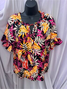 Tie-Neck Floral Ruffle Sleeve Blouse - Black with Pink & Yellow